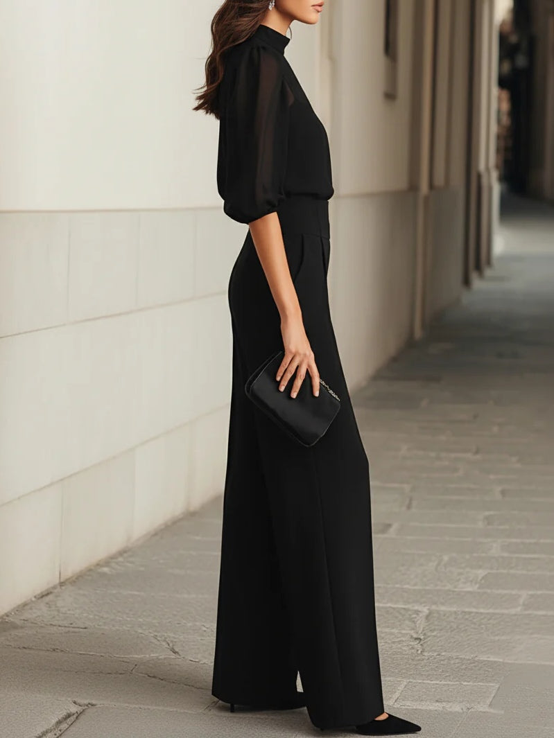 Valentina | Black Three-Piece Set with Sheer Chiffon Top and Wide-Leg Trousers