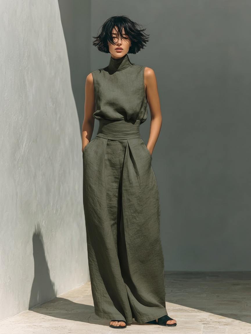 Maria | Minimalist Cotton-Linen Tank & Wide-Leg Trousers Set