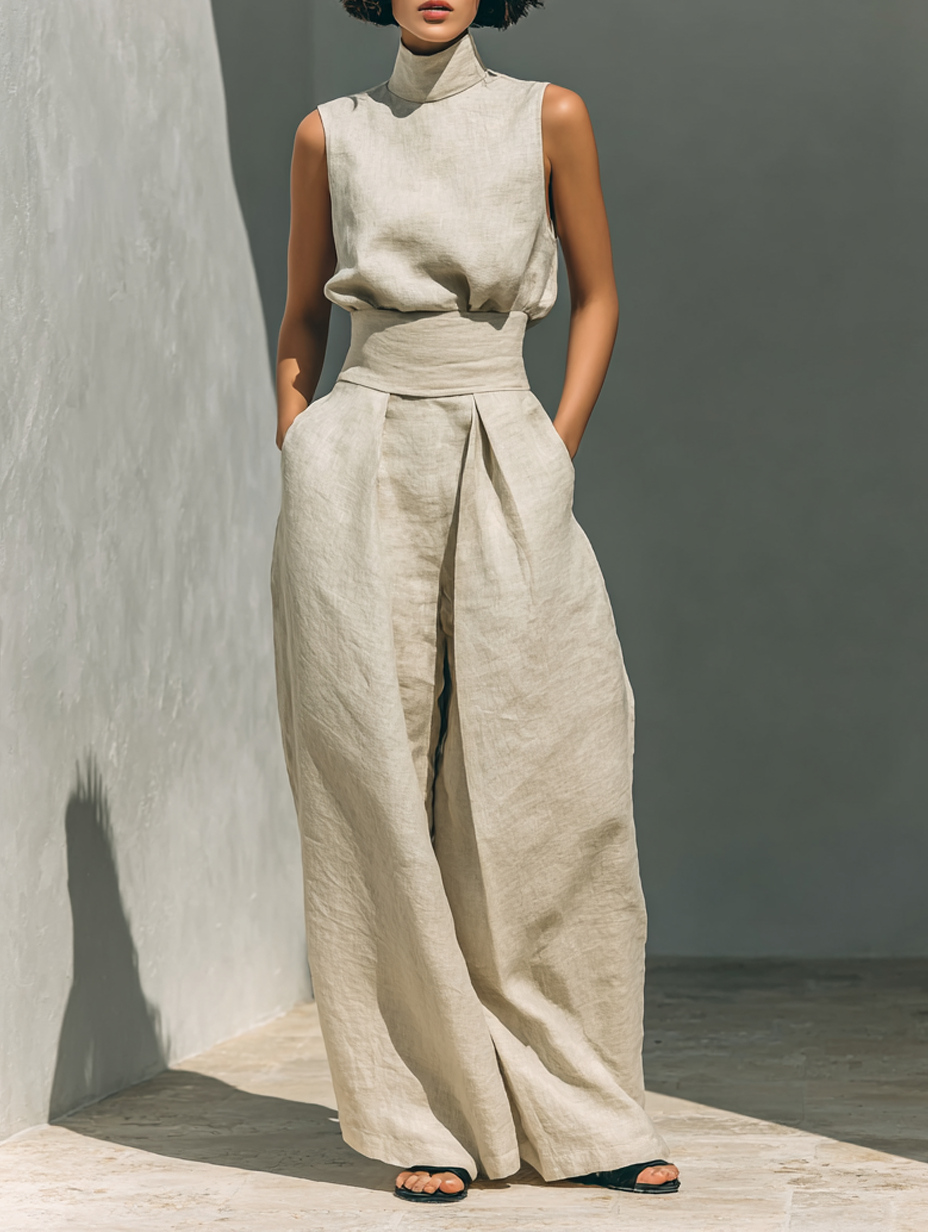 Maria | Minimalist Cotton-Linen Tank & Wide-Leg Trousers Set