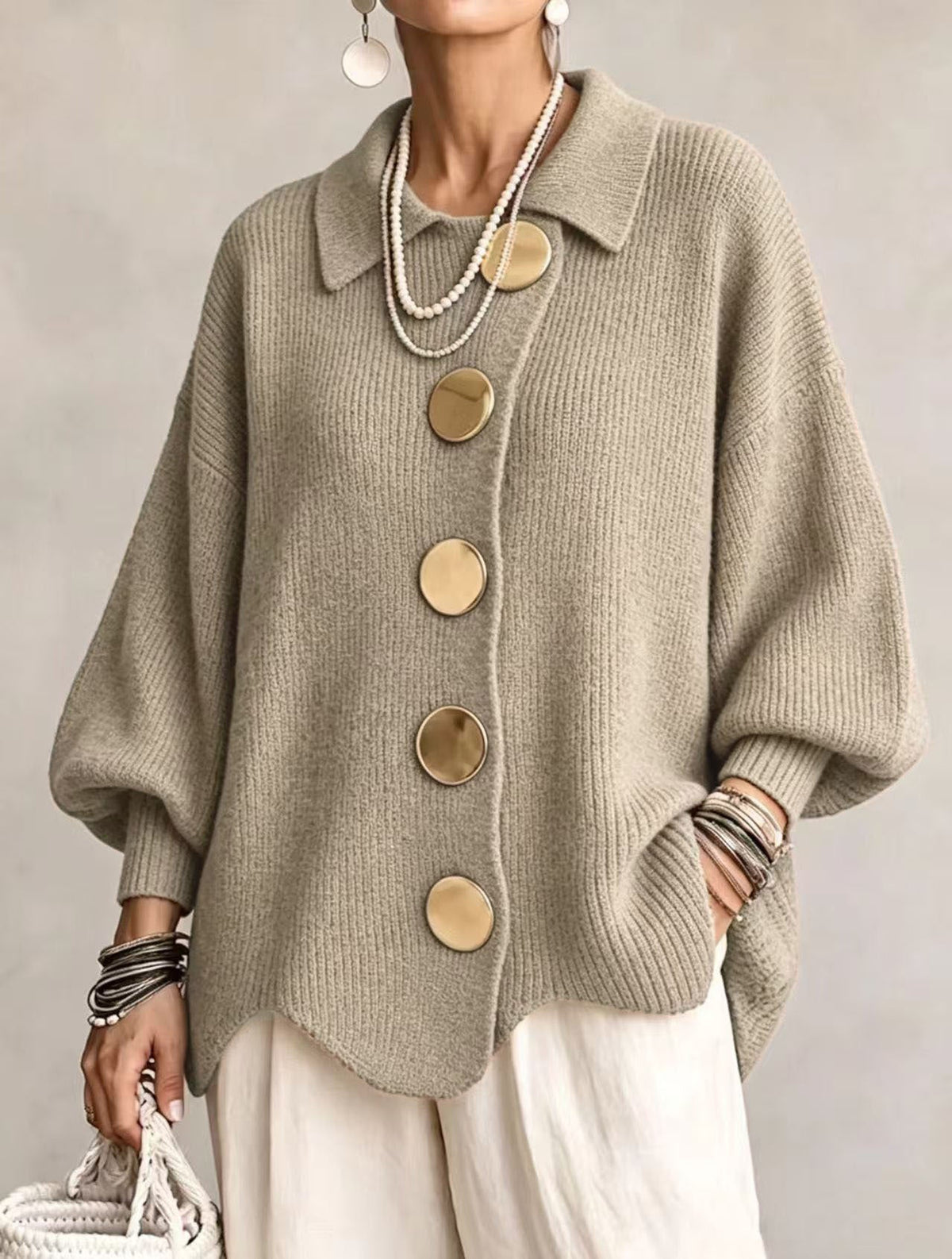 Isadora | Oversized Collar Cardigan with Large Metallic Buttons