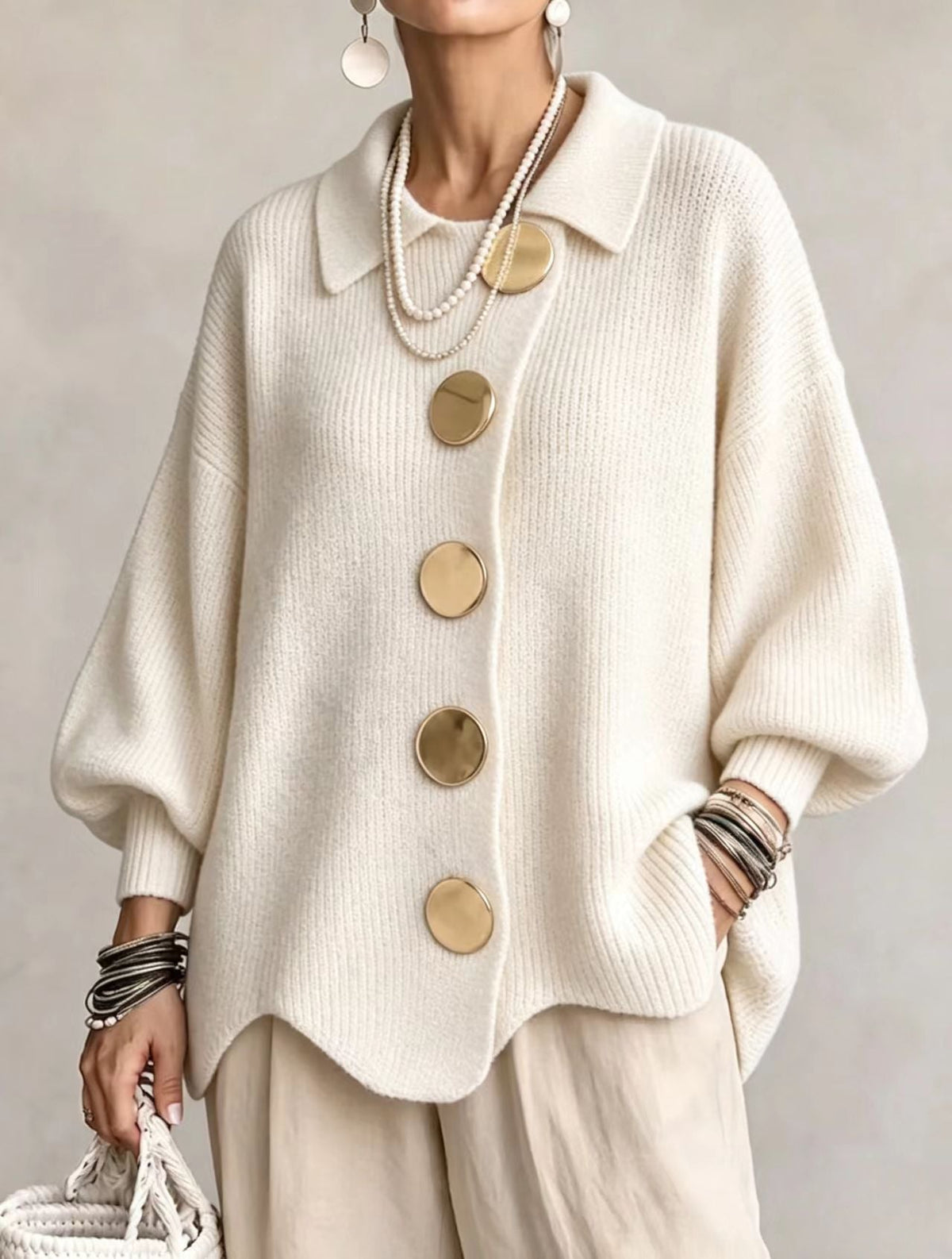 Isadora | Oversized Collar Cardigan with Large Metallic Buttons