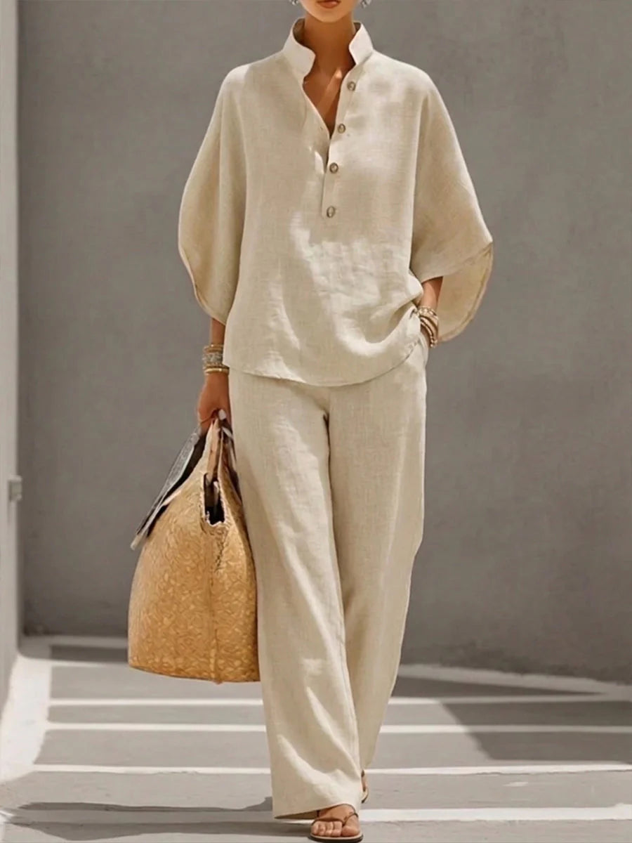Maribel | Linen Set with Batwing Sleeves and Wide Trousers