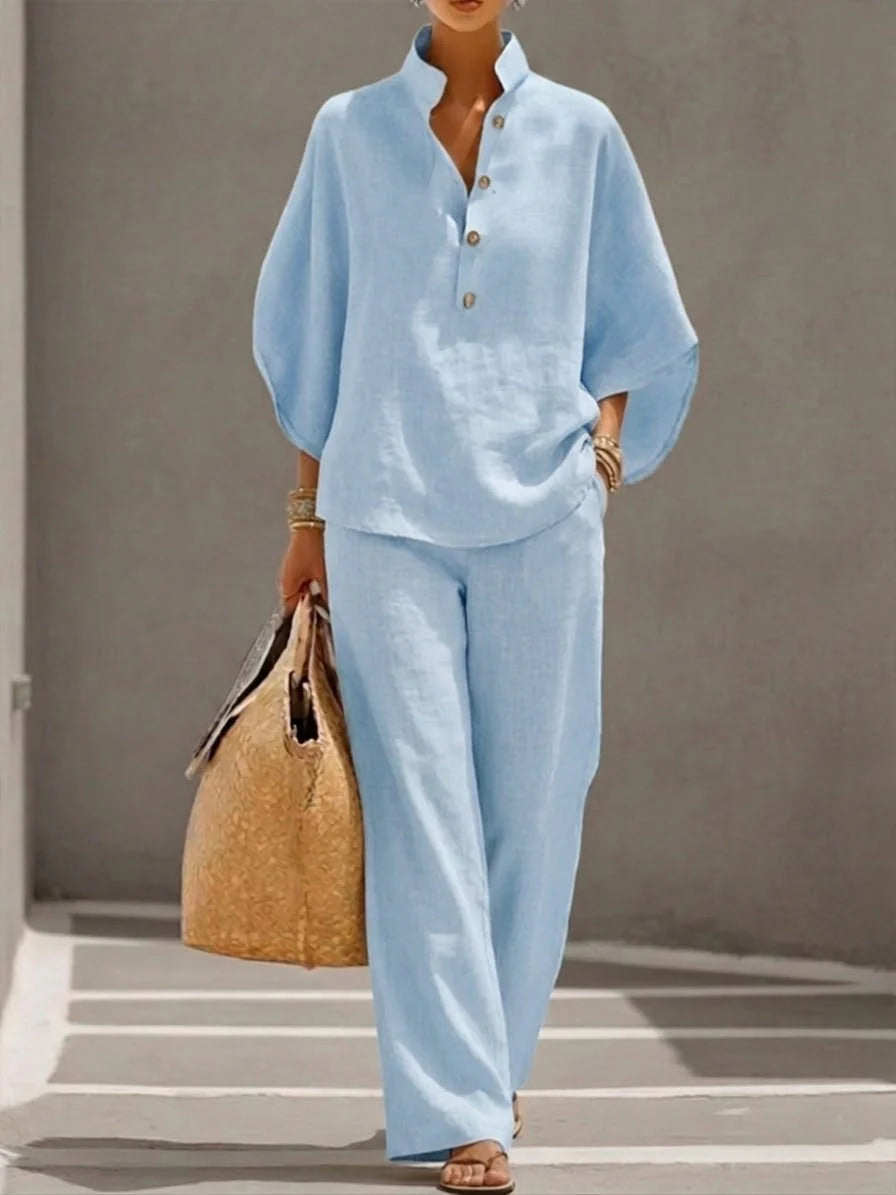 Maribel | Linen Set with Batwing Sleeves and Wide Trousers