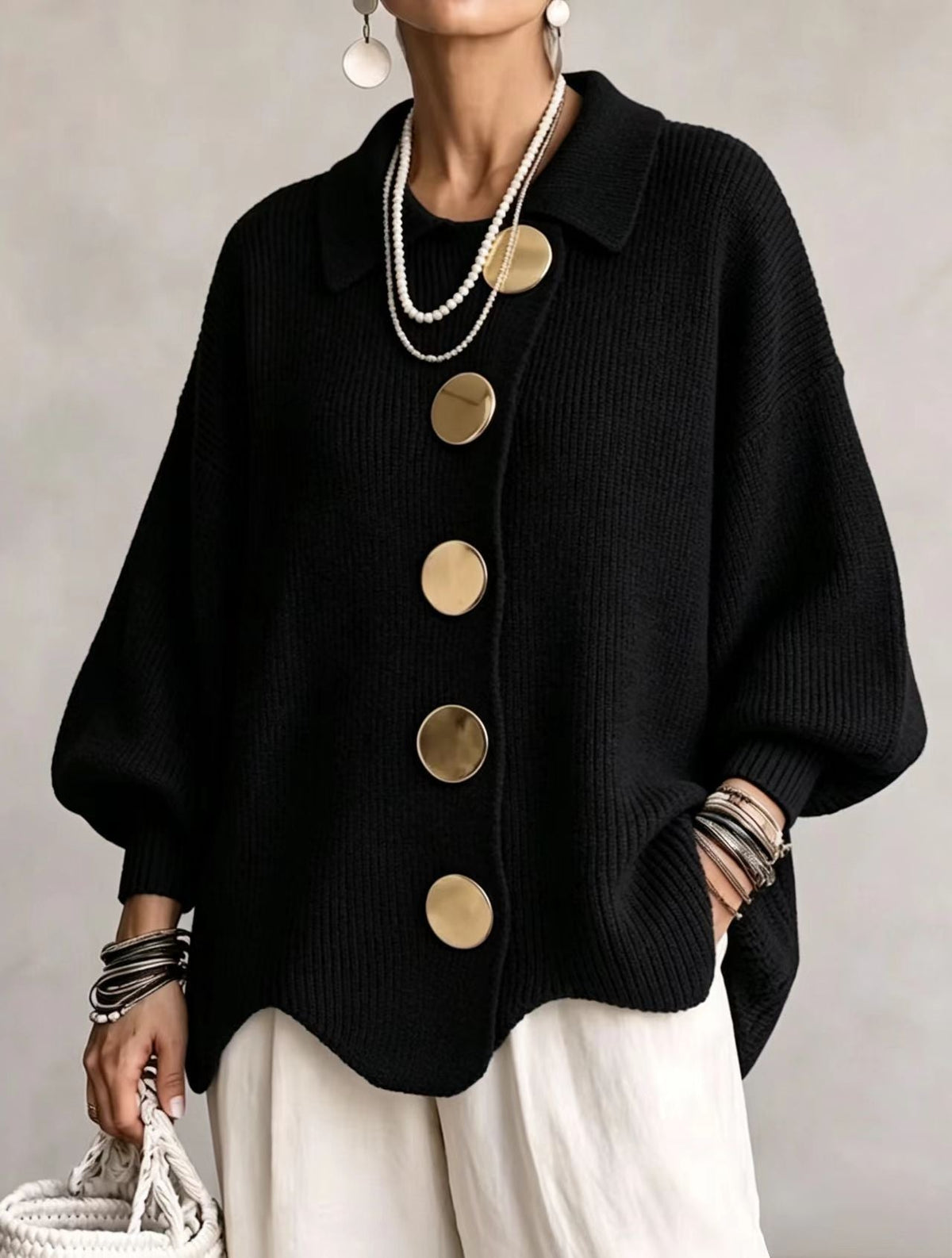 Isadora | Oversized Collar Cardigan with Large Metallic Buttons