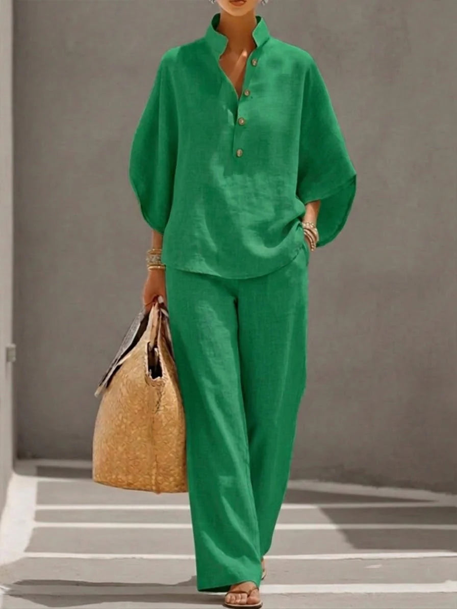 Maribel | Linen Set with Batwing Sleeves and Wide Trousers