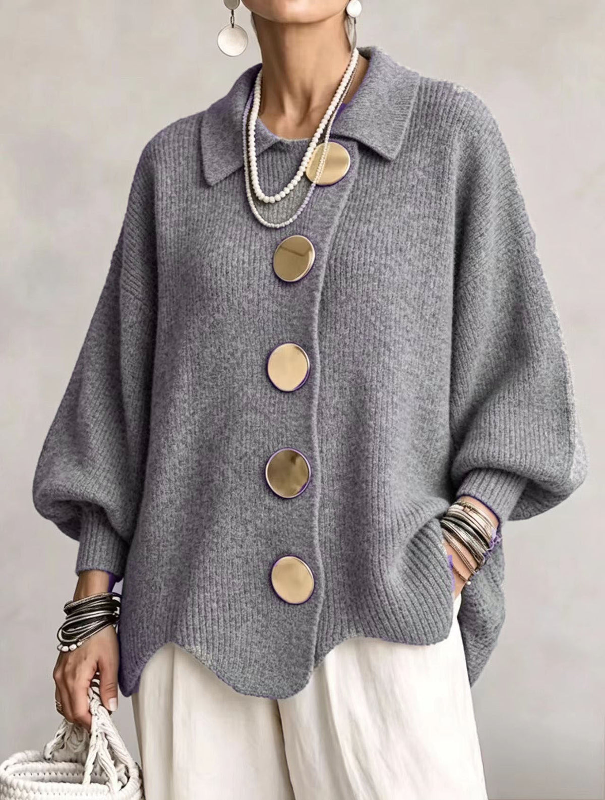 Isadora | Oversized Collar Cardigan with Large Metallic Buttons