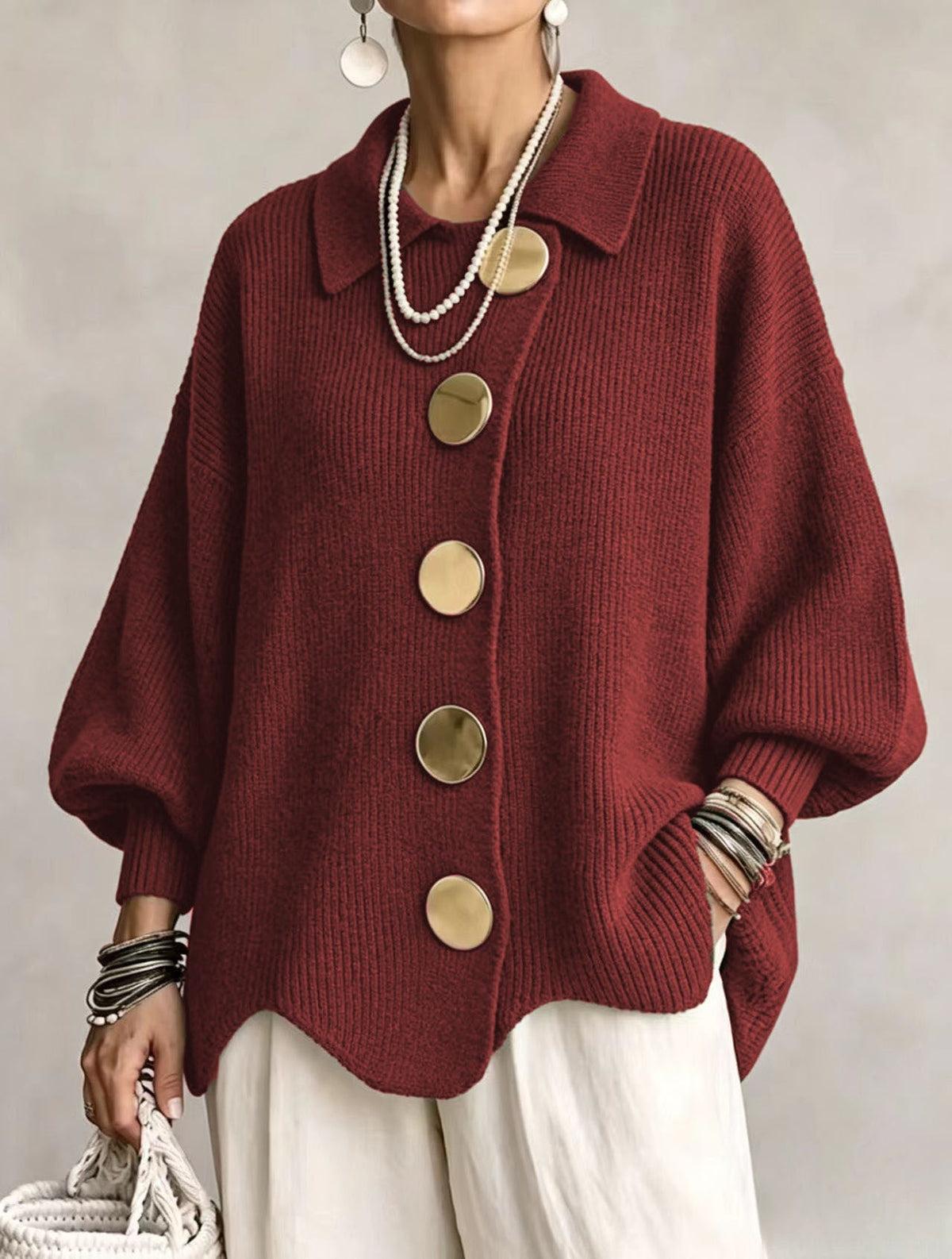 Isadora | Oversized Collar Cardigan with Large Metallic Buttons
