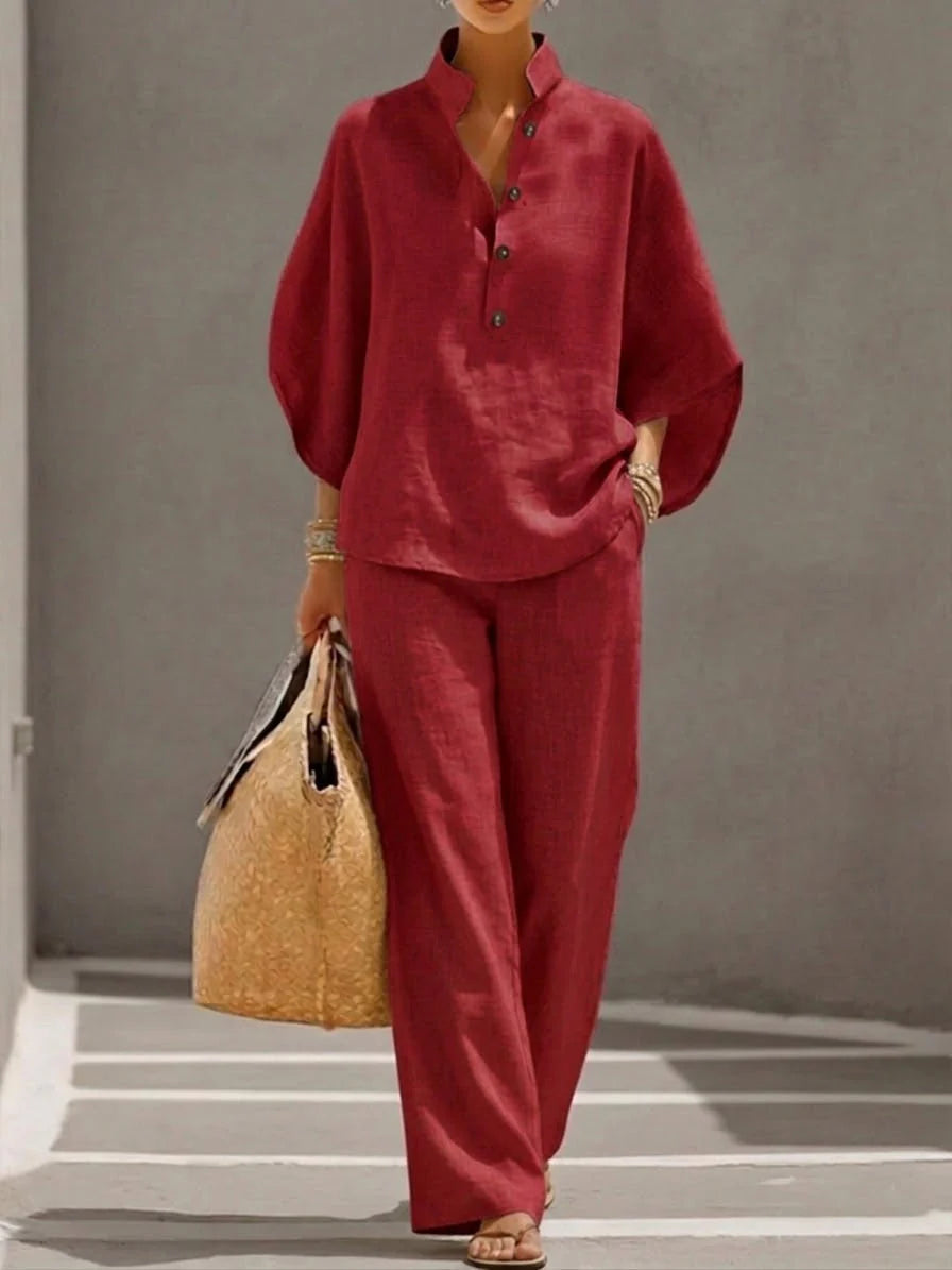 Maribel | Linen Set with Batwing Sleeves and Wide Trousers