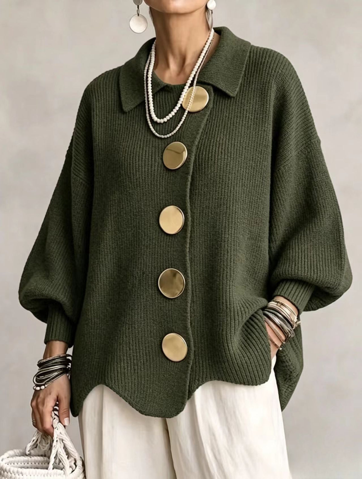 Isadora | Oversized Collar Cardigan with Large Metallic Buttons