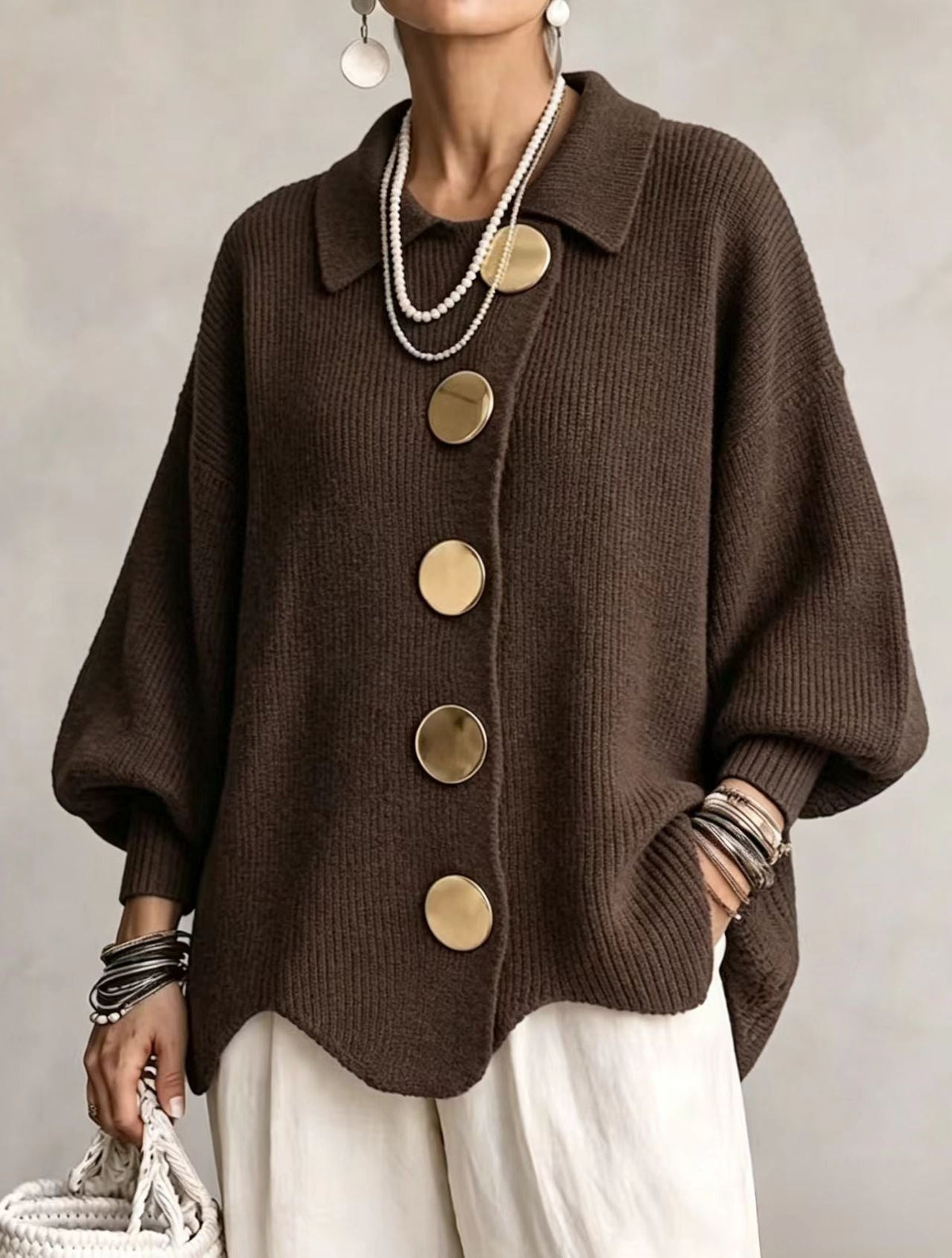 Isadora | Oversized Collar Cardigan with Large Metallic Buttons