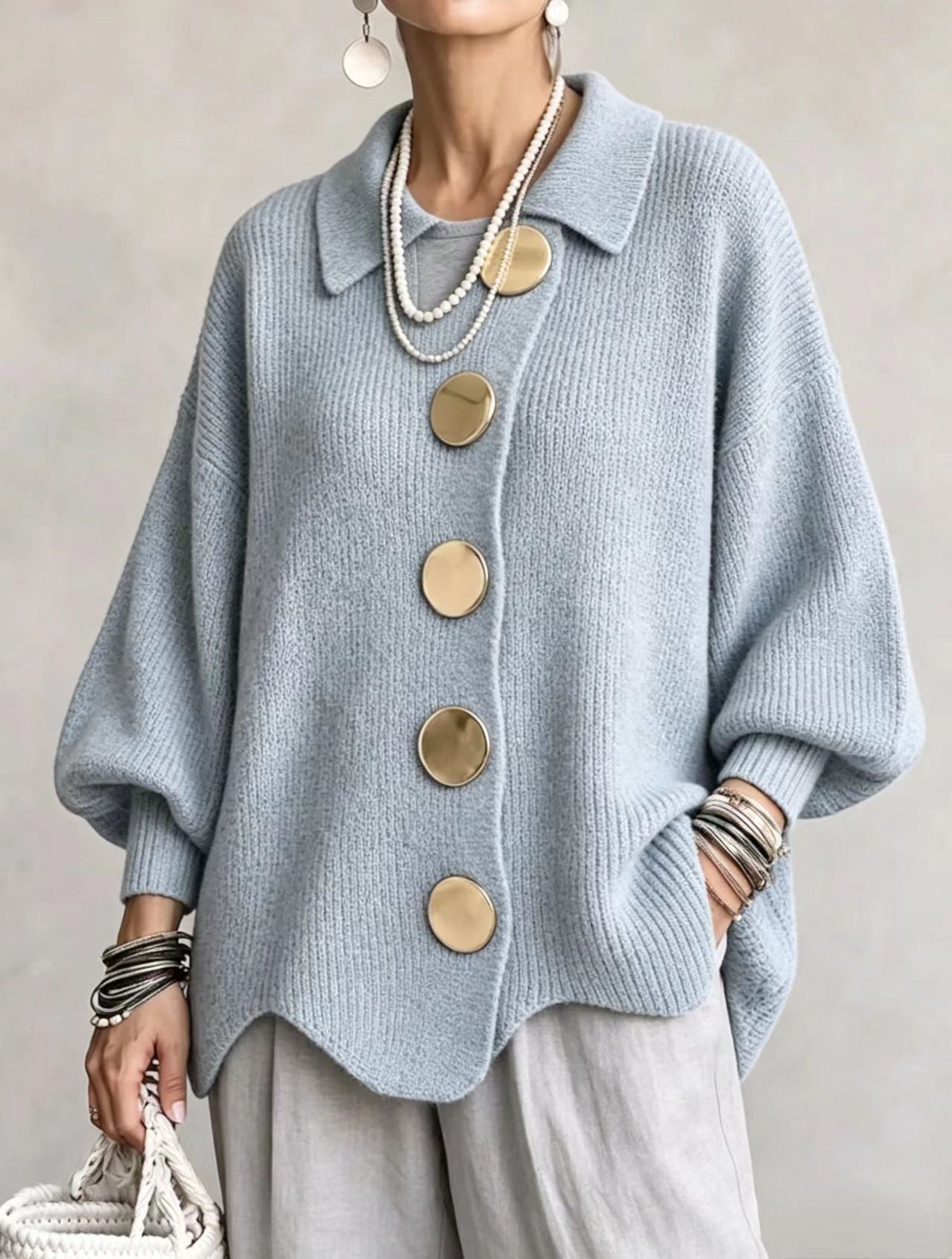 Isadora | Oversized Collar Cardigan with Large Metallic Buttons