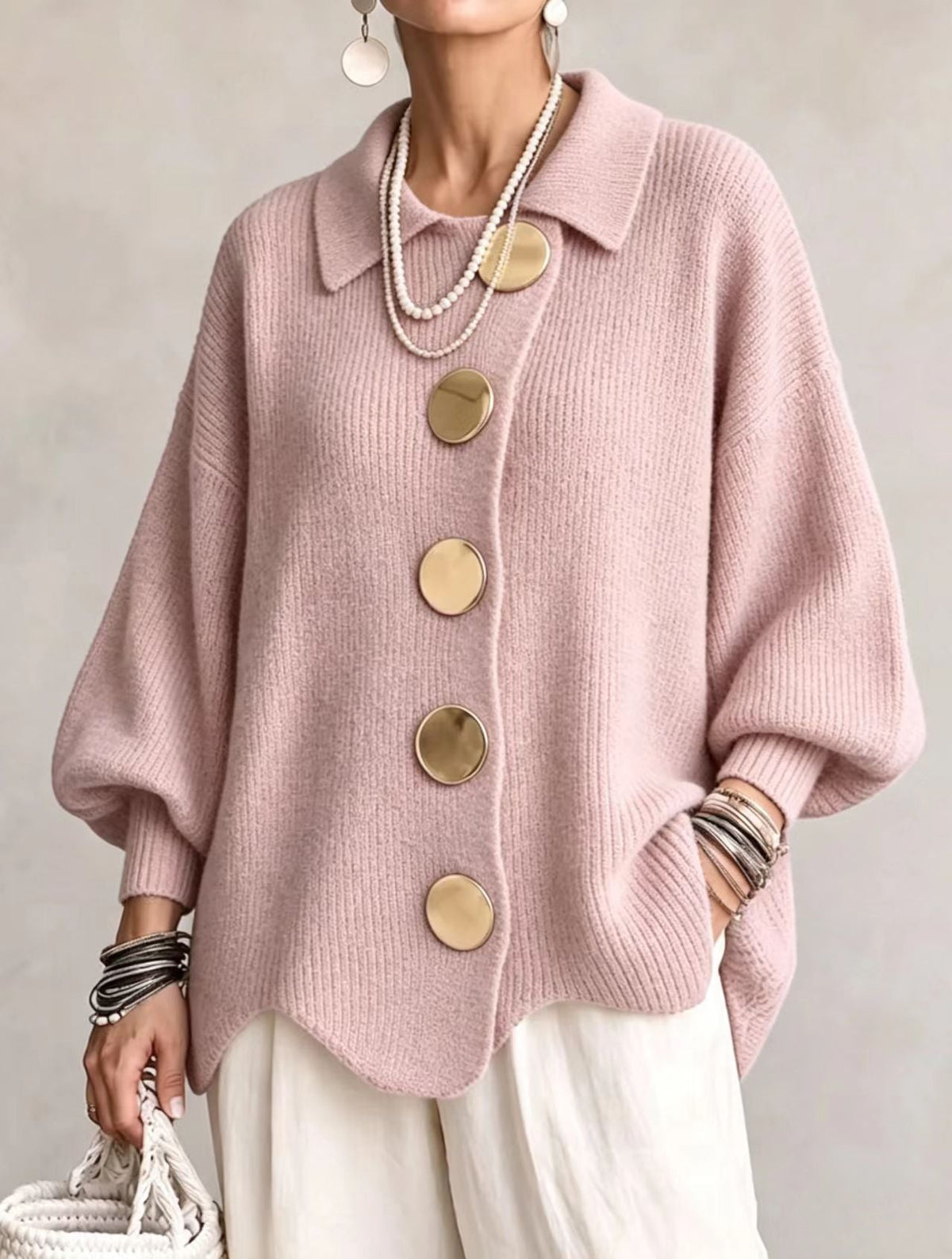 Isadora | Oversized Collar Cardigan with Large Metallic Buttons