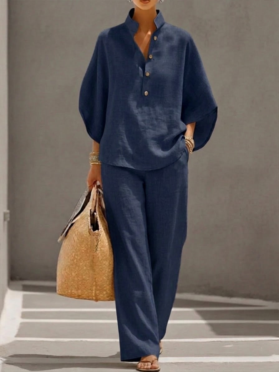 Mariel | Cotton-Linen Batwing Top and Palazzo Trousers Set