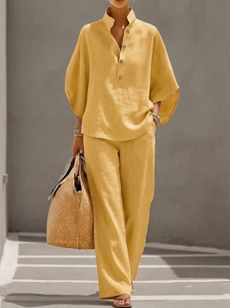 Mariel | Cotton-Linen Batwing Top and Palazzo Trousers Set